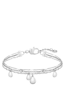 Drielaagse zilverkleurige armband met druppelvormige bedeltjes, Zilverkleurig