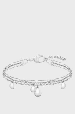 Three-layer silver-tone bracelet with droplet charms, Silver tone