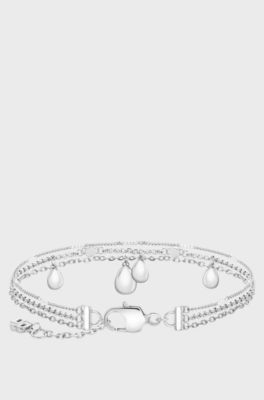 Three-layer silver-tone bracelet with droplet charms, Silver tone
