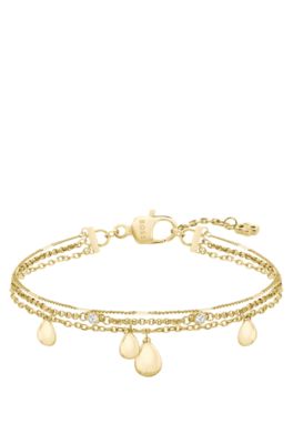 Three-layer gold-tone bracelet with droplet charms, Gold tone