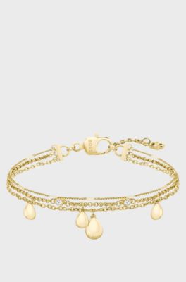 Three-layer gold-tone bracelet with droplet charms, Gold tone