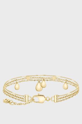 Three-layer gold-tone bracelet with droplet charms, Gold tone