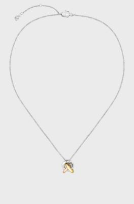 Three-tone necklace with knot design, Silver tone
