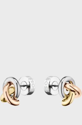 Three-tone earrings with knot design, Silver tone