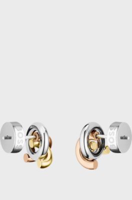 Three-tone earrings with knot design, Silver tone