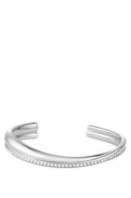 Silver-tone curved bangle with crystal embellishments, Silver tone