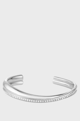 Silver-tone curved bangle with crystal embellishments, Silver tone
