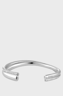 Silver-tone curved bangle with crystal embellishments, Silver tone