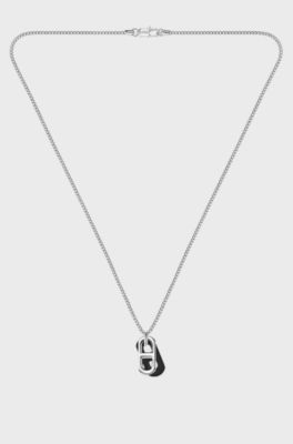 Necklace with steel and leather pendants, Silver tone