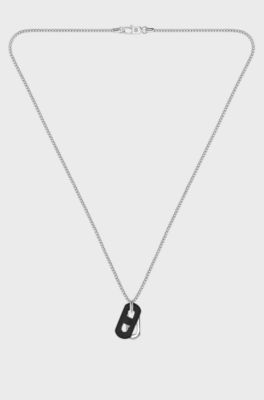 Necklace with steel and leather pendants, Silver tone