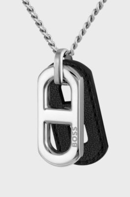 Necklace with steel and leather pendants, Silver tone