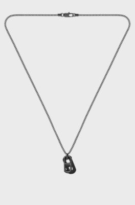 Black-plated necklace with metal link and leather tag, Black