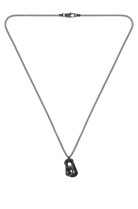Black-plated necklace with metal link and leather tag