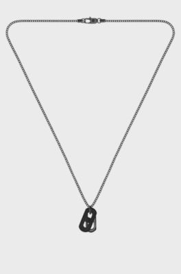 Black-plated necklace with metal link and leather tag, Black