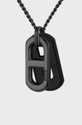 Black-plated necklace with metal link and leather tag, Black