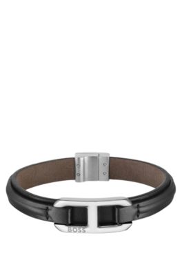 Mehrlagiges Lederarmband mit silberfarbenem Marken-Glied, Schwarz