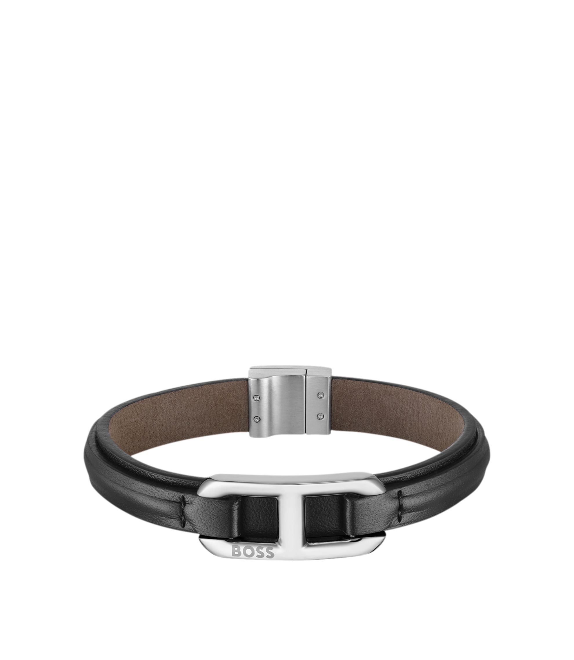 Mehrlagiges Lederarmband mit silberfarbenem Marken-Glied