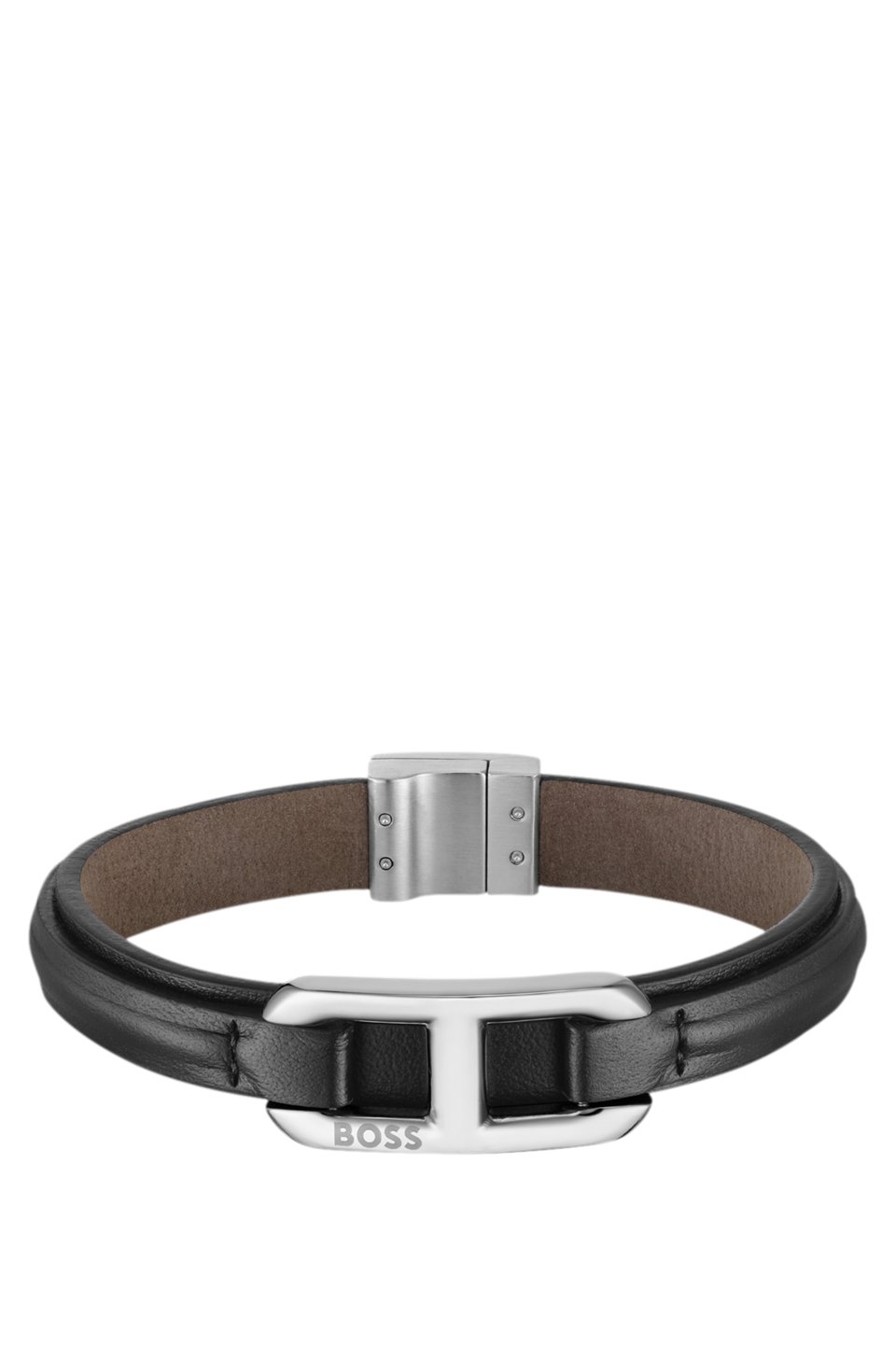 Layered leather cuff with branded silver-tone link