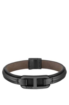 HUGO BOSS ブラックレザーベルト BOSS - イタリアンレザーベルト ロゴループ - ブラック