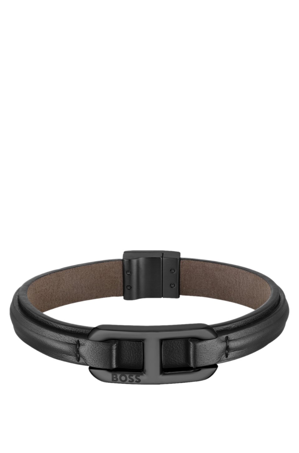 Layered leather cuff with branded black metallic link
