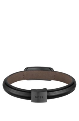 Boss Layered leather cuff with branded black metallic link armband herr – bild 2