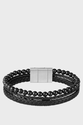 Cuff with tiger beads and braided black leather, Black