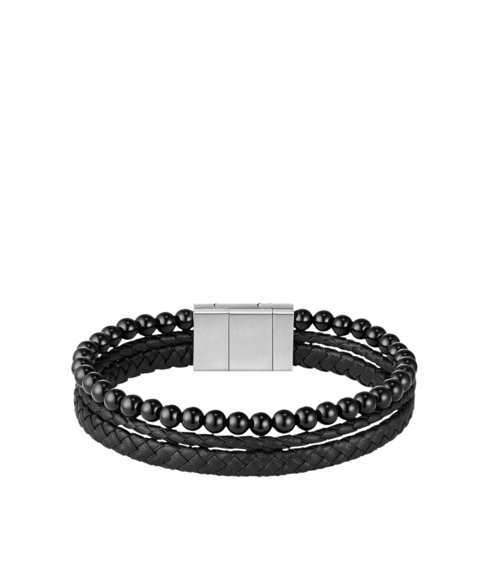 Armband mit Tigerperlen und geflochtenem Leder in Schwarz