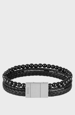 Cuff with tiger beads and braided black leather, Black