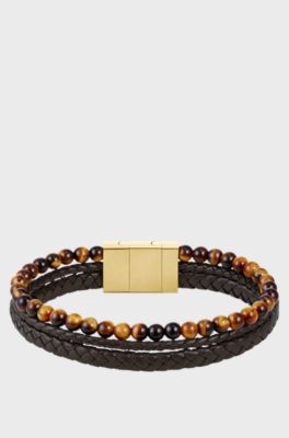 Cuff with tiger beads and braided brown leather, Brown