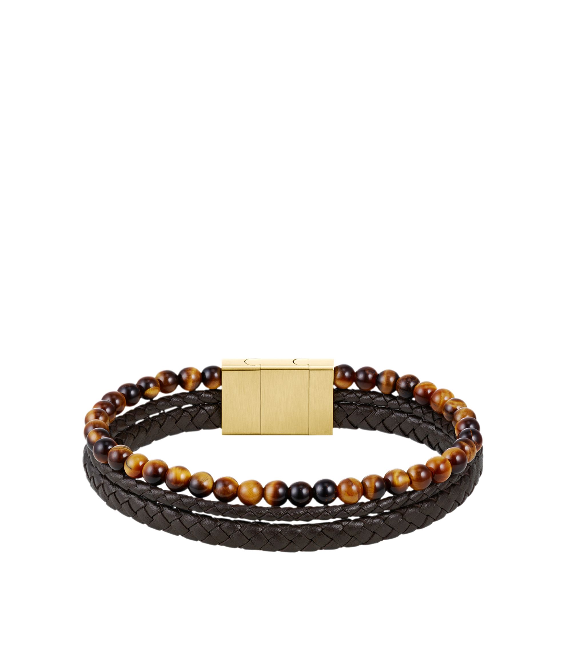 Armband mit Tigerperlen und geflochtenem Leder in Braun