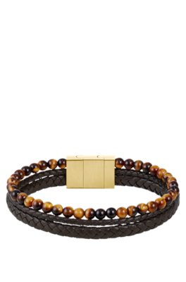 Cuff with tiger beads and braided brown leather