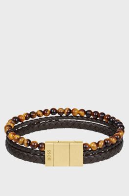 Armband mit Tigerperlen und geflochtenem Leder in Braun, Braun
