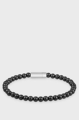 Hematite-bead cuff with logo closure, Black