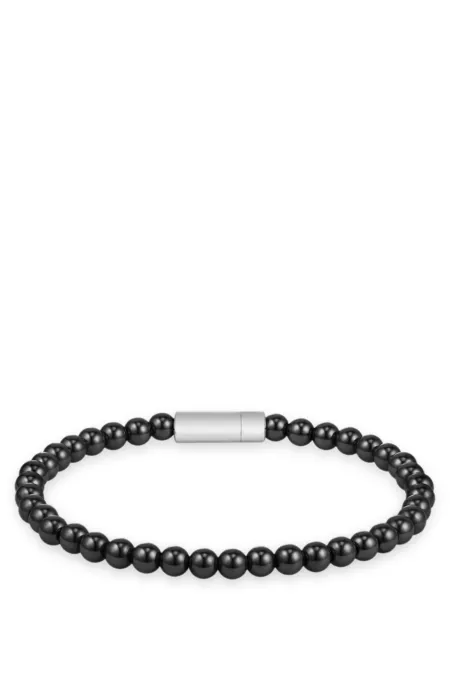 Hematite-bead cuff with logo closure