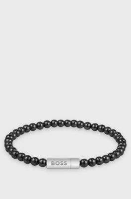 Hematite-bead cuff with logo closure, Black