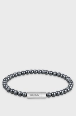 Hematite-bead cuff with logo closure, Dark Grey