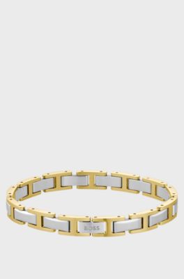 Two-tone H-link cuff with logo clasp, Gold tone