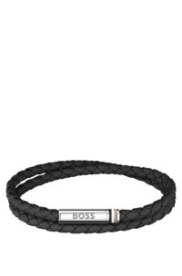 Bracelet double tour tress&eacute; noir avec fermeture logot&eacute;e, Noir