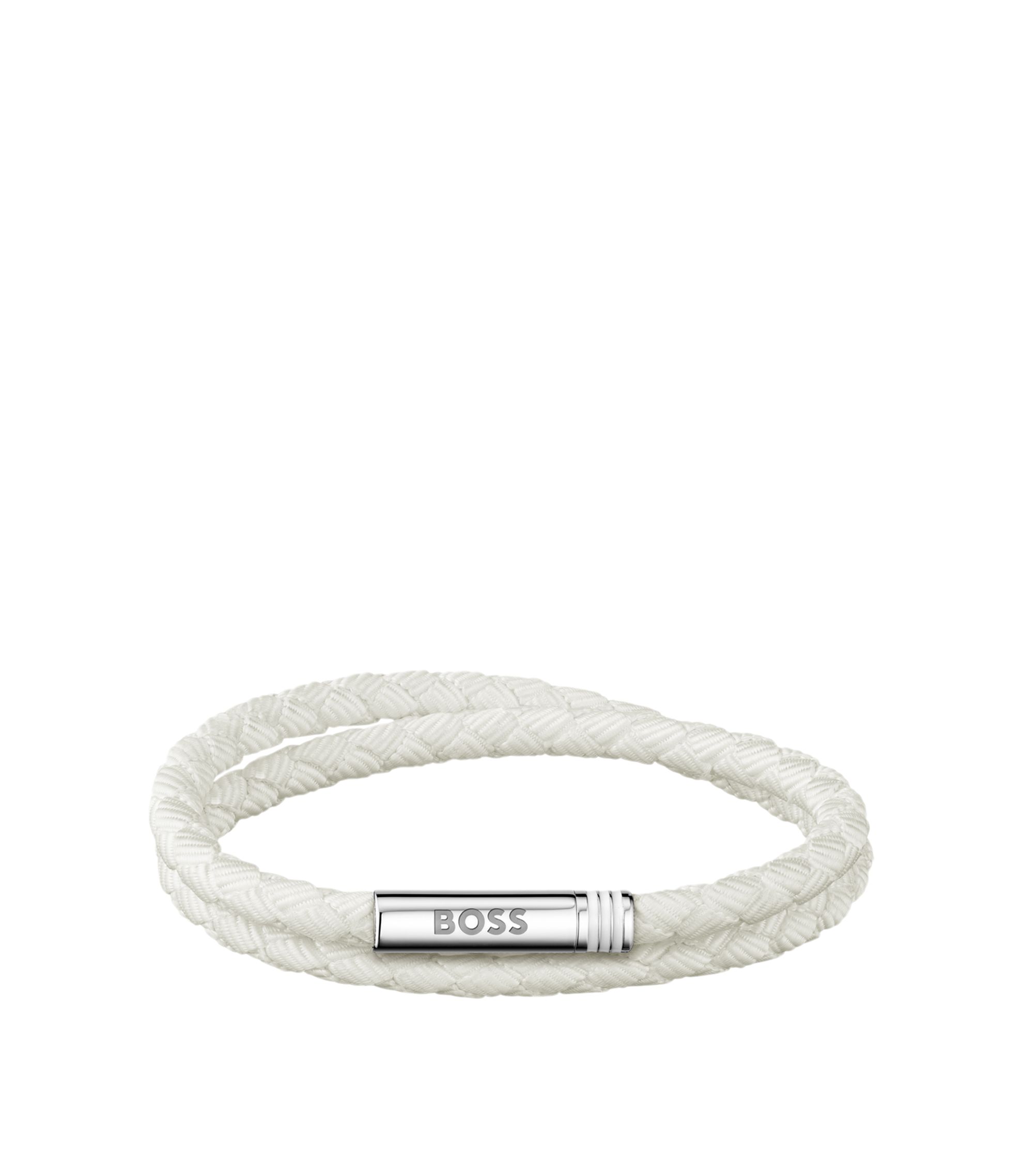 Zweireihiges, geflochtenes, weißes Armband mit Logo-Verschluss