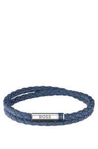 Bracelet double tour tress&eacute; &agrave; effet denim avec fermeture logot&eacute;e, Bleu