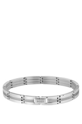 Silver-tone striped cuff with logo clasp, S&oslash;lvfarve