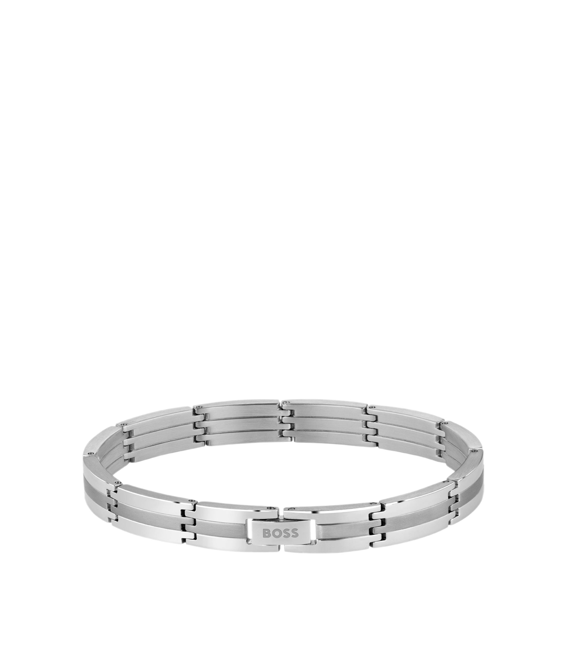 Silberfarbenes Armband mit Streifen-Muster und Logo-Schließe