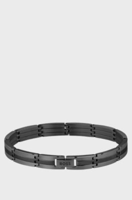 Black stainless-steel striped cuff with logo clasp, Dark Grey