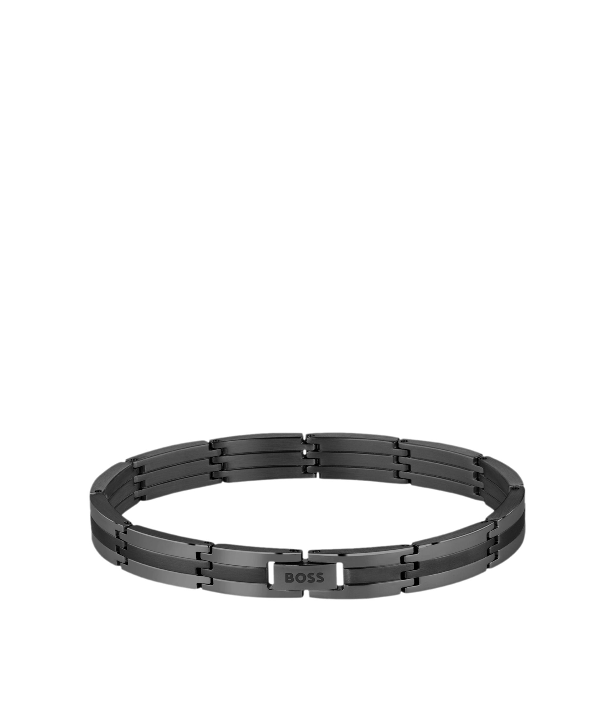 Schwarzes Armband aus rostfreiem Stahl mit Streifen und Logo-Schließe