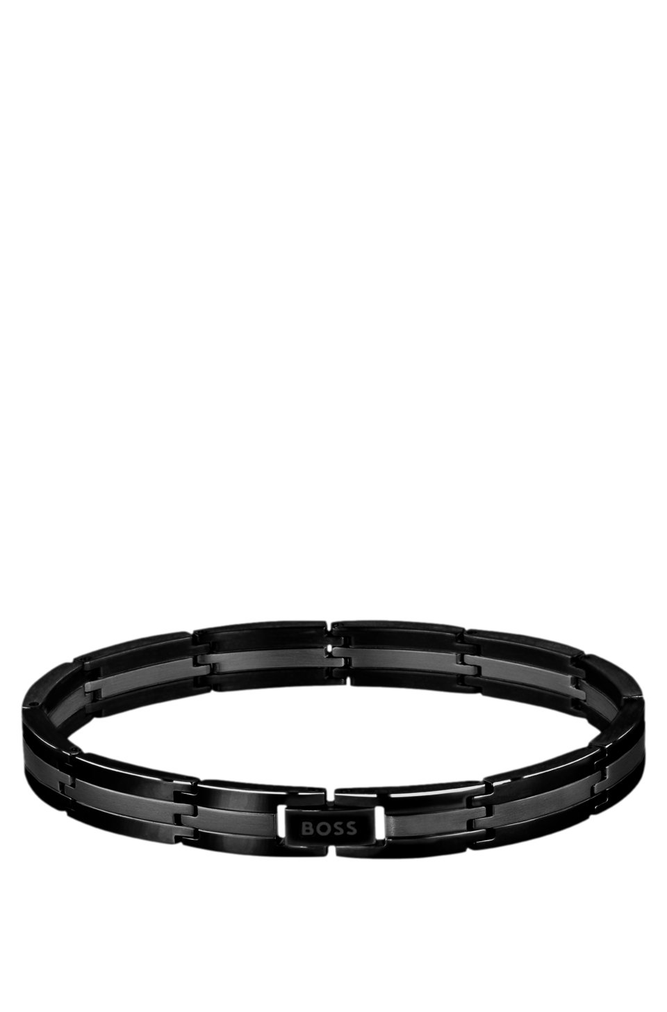 Black stainless-steel striped cuff with logo clasp