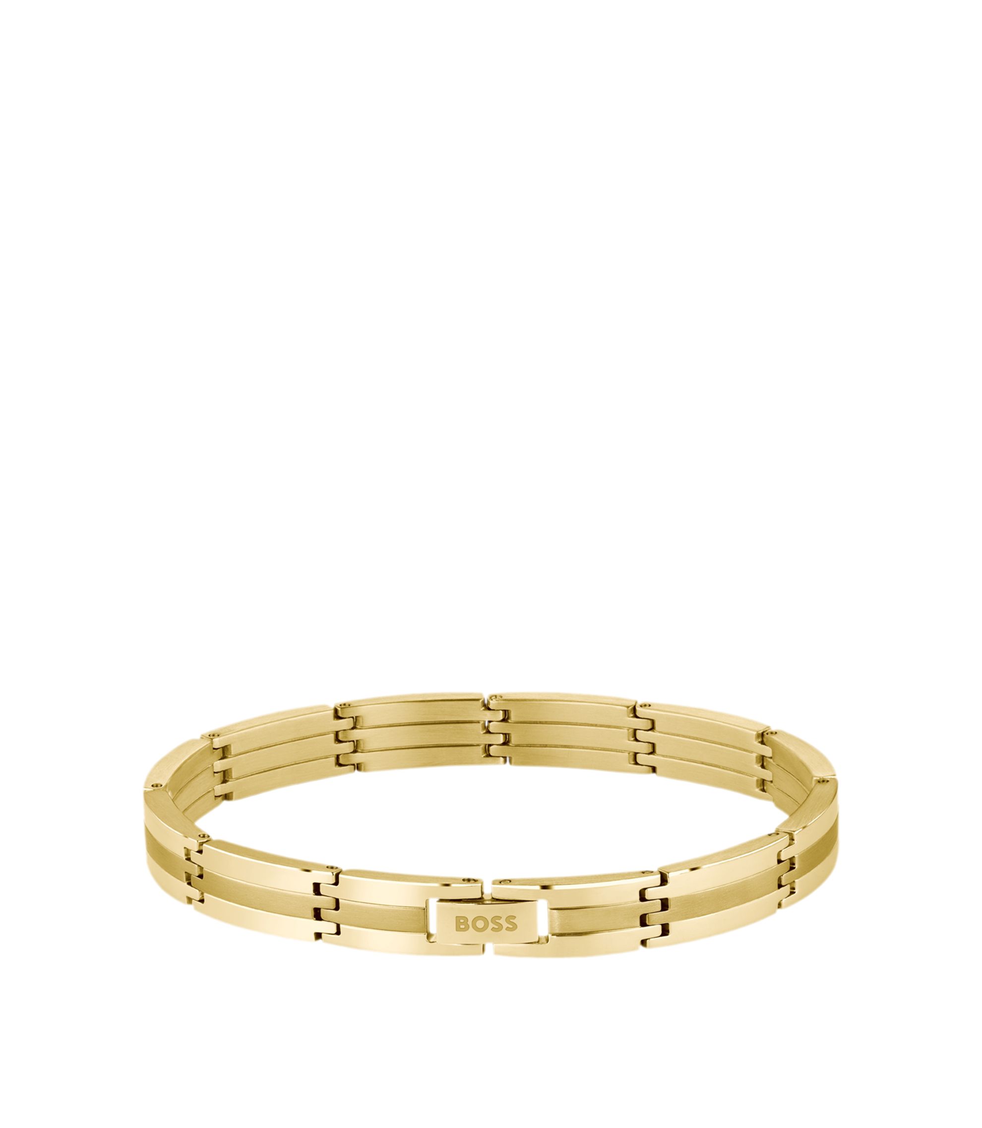 Goldfarbenes gestreiftes Armband mit Logo-Schließe