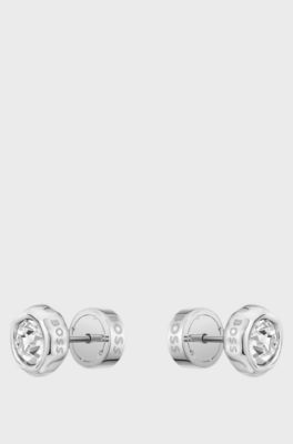 Silver-tone stud earrings with crystal core, Silver tone