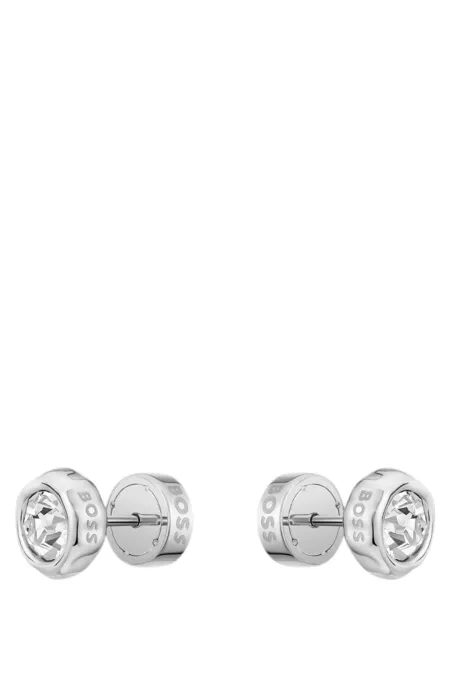 Silver-tone stud earrings with crystal core