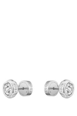 Silver-tone stud earrings with crystal core