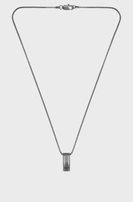 Black stainless-steel necklace with stripe-effect pendant, Dark Grey